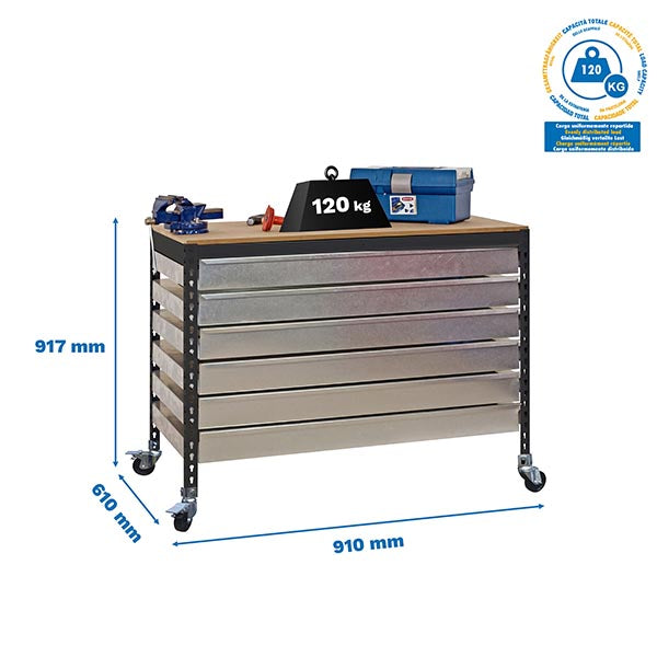 Workbench Simonwork Mobile BT5 Box6 900 Anthracite/Wood - (917x910x610)