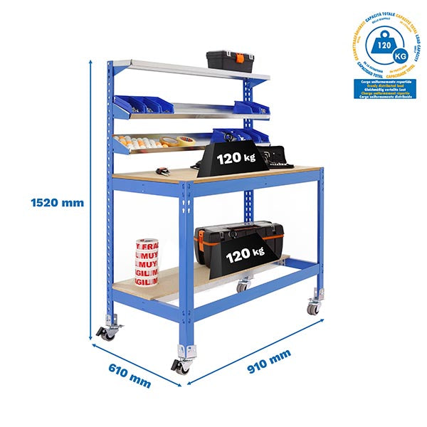 Workbench Simonwork Mobile BT1 900 Blue/Wood - (1520x910x610)