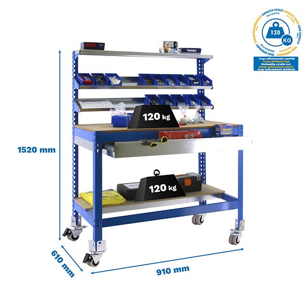 Workbench Simonwork Mobile BT1 Box 900 Blue/Wood - (1520x910x610)