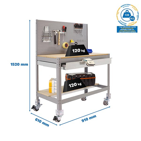 Workbench Simonwork Mobile BT2 Box 900 Grey/Wood - (1520x910x610)
