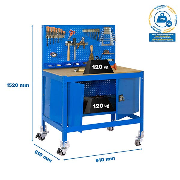 Workbench Simonwork Mobile BT2 Cabinet 900 Blue/Wood - (1520x910x610)