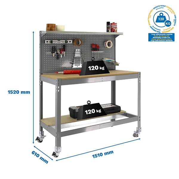 Workbench Simonwork Mobile BT3 1500 Grey/Wood - (1520x1510x610)