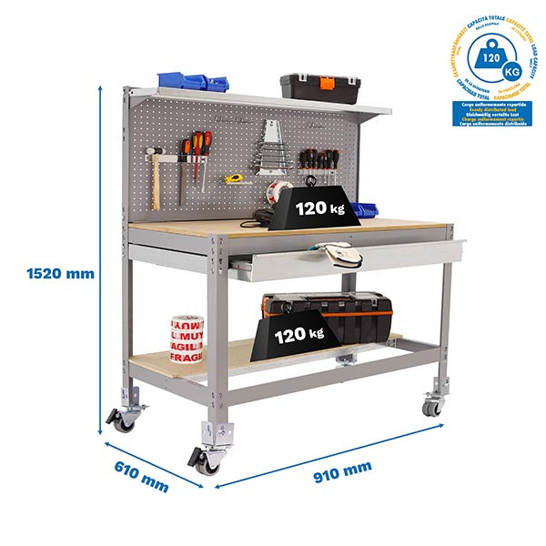 Workbench Simonwork Mobile BT3 Box 900 Grey/Wood - (1520x910x610)