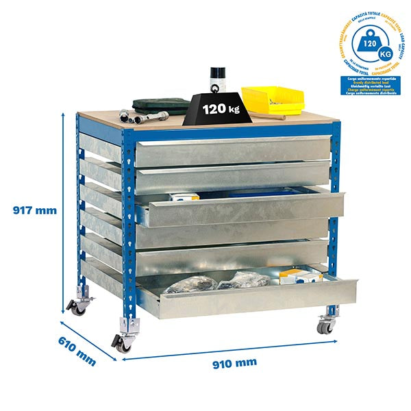 Workbench Simonwork Mobile BT5 Box6 900 Blue/Wood - (917x910x610)