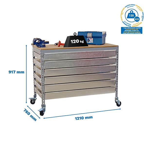 Workbench Simonwork Mobile BT5 Box6 1200 Grey/Wood - (917x1210x760)