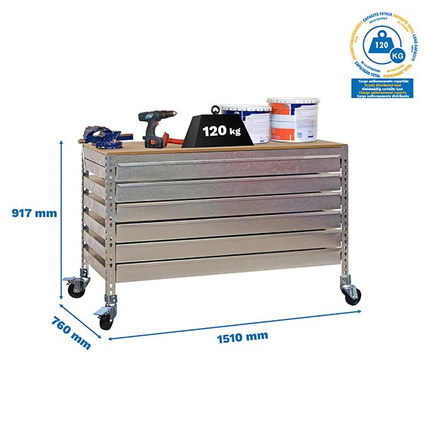 Workbench Simonwork Mobile BT5 Box6 1500 Galv/Wood - (917x1510x760)