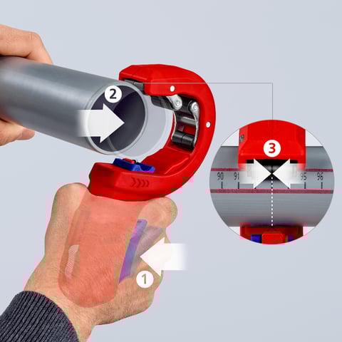 Cortador de tubos Knipex (90 23 02 BK) DPT50 para tubos de plástico de paredes espessas, incluindo tubos com núcleo de espuma. Corte e chanfro numa única etapa.