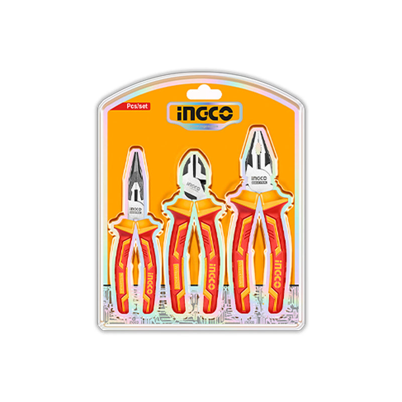 Conjunto de 3 alicates isolados INGCO (HIKPS28318) de 1000V em embalagem blister.