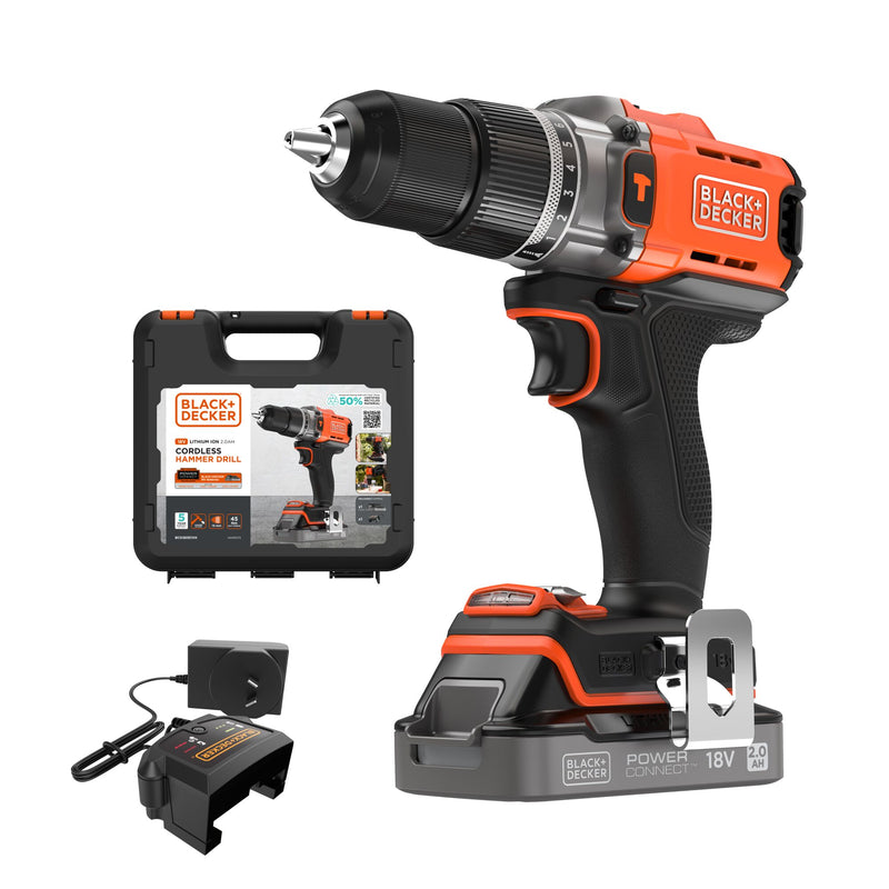 Black&Decker (BCD383D1XK-QW) 18V Hammer Drill with 1 x 2Ah Lithium Battery with Charge Status Indicator and Carrying Case