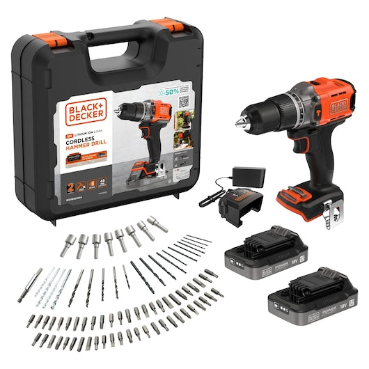 Black&Decker (BDCHD18D2AB-QW) KIT: 18V Hammer Drill, 2 x 2Ah Batteries, 400mA Charger and 100 Accessories in Storage Case