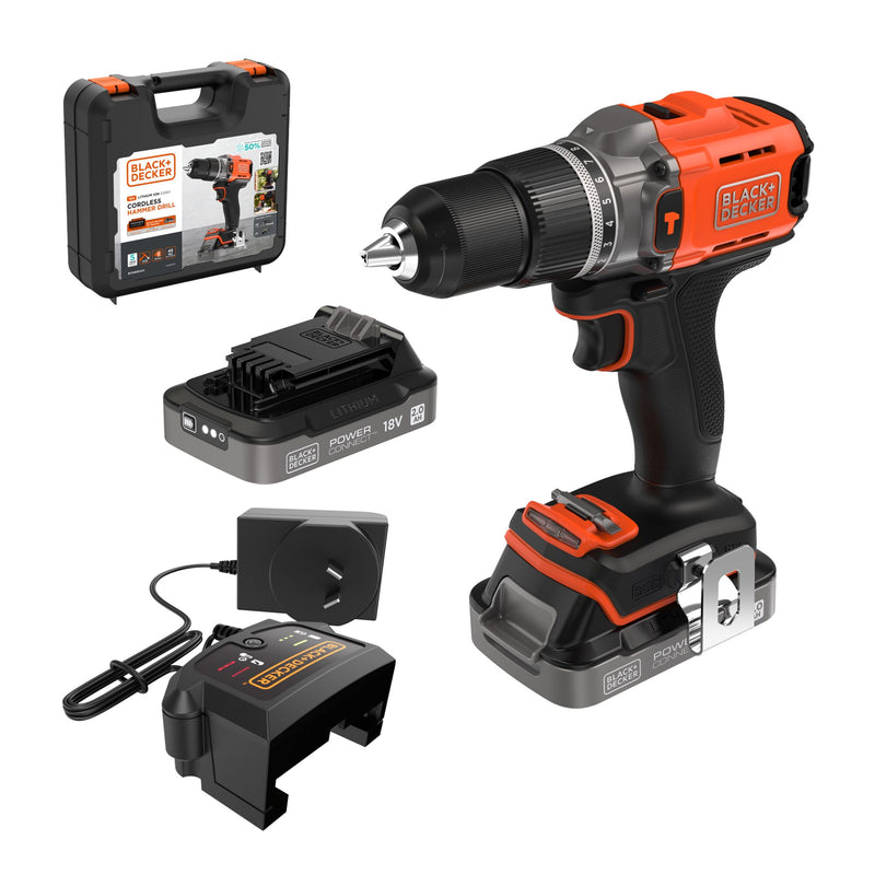 Black&Decker (BCD383D2XK-QW) 18V POWERCONNECT™ Cordless Hammer Drill (With 2 x 2.0Ah State Of Charge Batteries, 1A Charger and Kitbox)