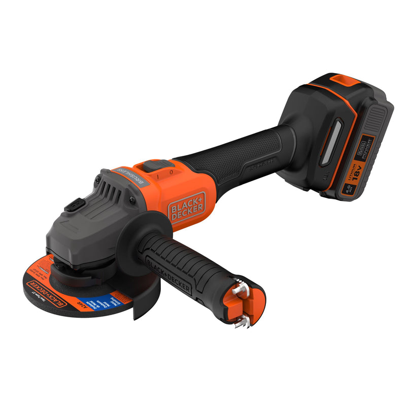 Mini rebarbadora sem escovas Black&amp;Decker (BCG6L8F1S-QW) 18V 115mm com 1 bateria de 4Ah, 3 discos e bolsa de transporte.