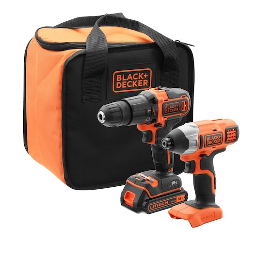 Taladro percutor y atornillador de impacto Black&Decker (BCK21S1S-QW) de 18 V con batería y cargador en bolsa blanda