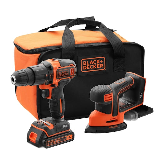 Taladro percutor inalámbrico Black&Decker (BCK23S1S-QW) de 18 V y lijadora de detalles Mouse® con batería y cargador en bolsa blanda