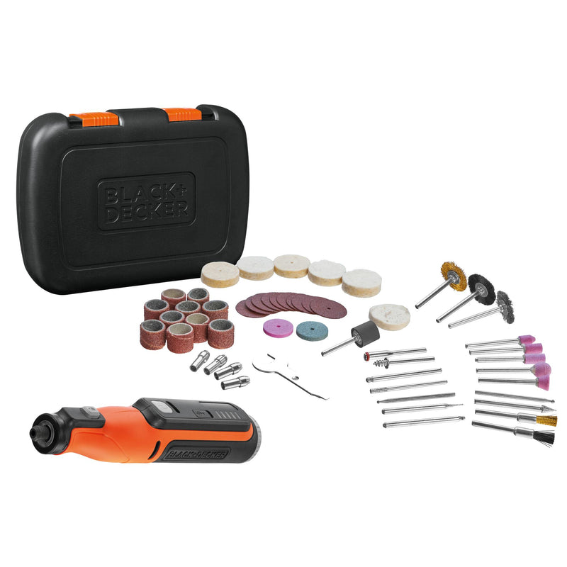Ferramenta multifuncional rotativa Black&amp;Decker (BCRT8IK-XJ) de 7,2 V com bateria integrada de 1,5 Ah. Inclui 53 acessórios, cabo USB e mala de transporte.