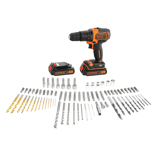 Taladro percutor Black&Decker (BDC718AS2F-QW) de 18 V con 2 baterías y 80 accesorios en estuche de transporte