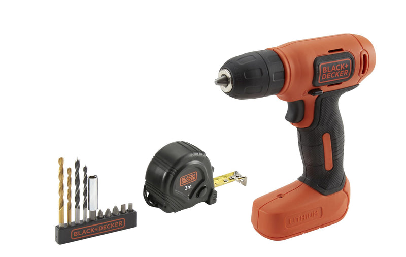 Black&Decker (BDCD8GPA-QW) KIT: 7.2V Drill Driver with integrated 1.5Ah Lithium battery, 10 accessories, tape measure, USB charger and bag