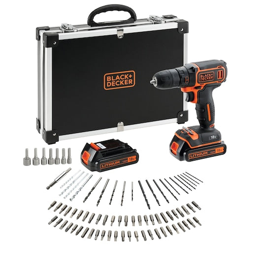 Taladro atornillador inalámbrico Black&Decker (BDCDC18BAFC-QW) de 18 V con 2 baterías de 1,5 Ah, cargador rápido y 80 accesorios en estuche.