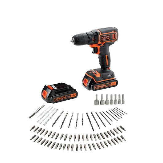 Taladro atornillador inalámbrico Black&Decker (BDCDC18BAFC-QW) de 18 V con 2 baterías de 1,5 Ah, cargador rápido y 80 accesorios en estuche.