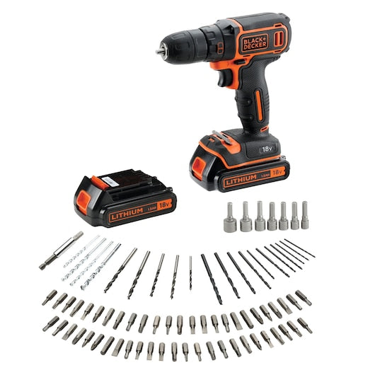 Taladro atornillador inalámbrico Black&Decker (BDCDC18BAFC-QW) de 18 V con 2 baterías de 1,5 Ah, cargador rápido y 80 accesorios en estuche.