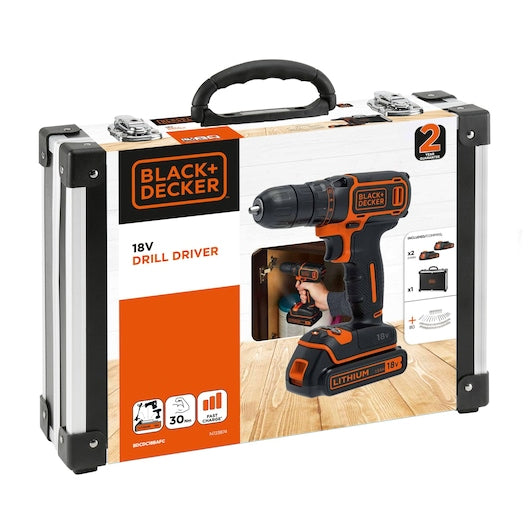 Taladro atornillador inalámbrico Black&Decker (BDCDC18BAFC-QW) de 18 V con 2 baterías de 1,5 Ah, cargador rápido y 80 accesorios en estuche.