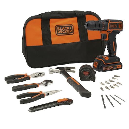 Taladro atornillador Black&Decker (BDCDC18HTSA-QW) de iones de litio de 18 V con cargador de 400 mA y 1 batería con herramientas manuales en bolsa blanda