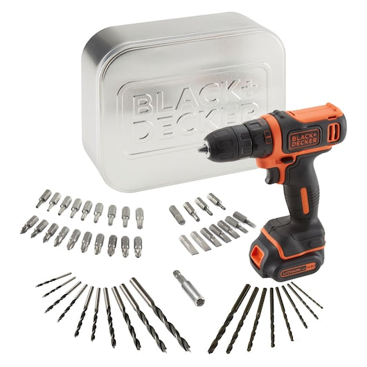 Taladro atornillador inalámbrico ultracompacto Black&Decker (BDCDD12AT-QW) de 10,8 V con 50 accesorios y estuche de almacenamiento