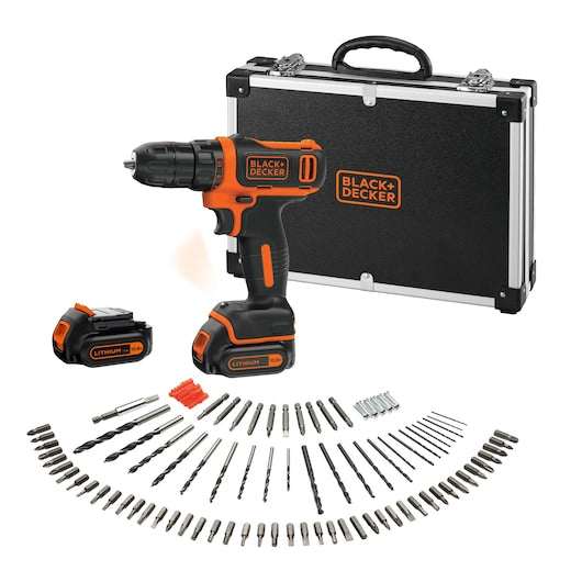 Taladro atornillador de iones de litio ultracompacto Black&Decker (BDCDD12BAFC-XK) de 10,8 V con batería adicional, 100 accesorios y estuche de almacenamiento