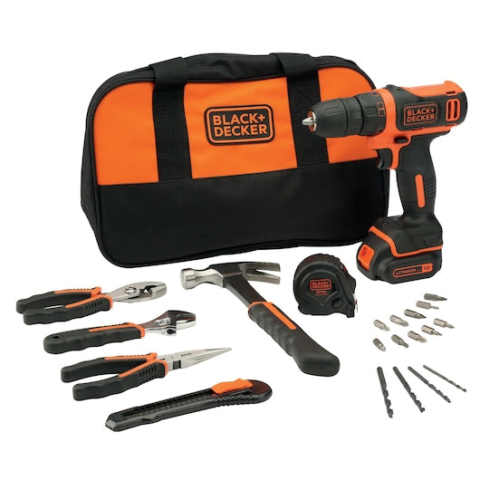 Taladro atornillador inalámbrico ultracompacto Black&Decker (BDCDD12HTSA-QW) de 10,8 V con 20 herramientas manuales, accesorios y bolsa de almacenamiento.
