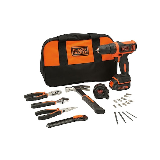 Taladro atornillador inalámbrico ultracompacto Black&Decker (BDCDD12HTSA-QW) de 10,8 V con 20 herramientas manuales, accesorios y bolsa de almacenamiento.