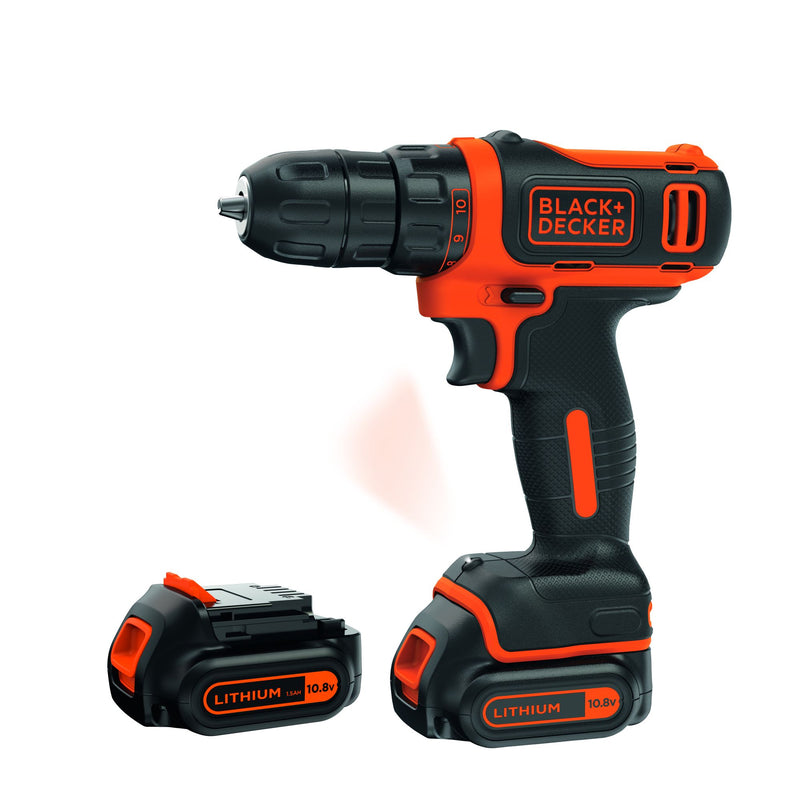 Black&Decker (BDCDD12KB-QW) 10.8V 26Nm Drill Driver, 10mm Chuck with 2 1.5Ah Lithium Batteries, Charger and Case