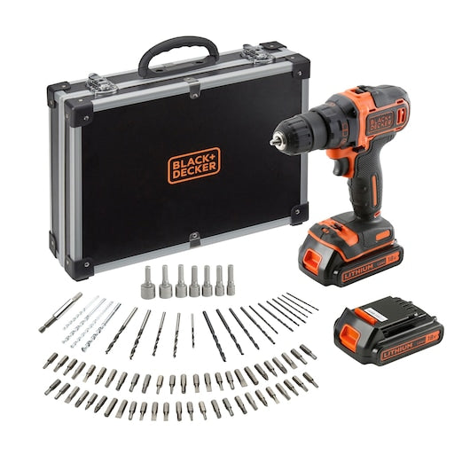 Taladro atornillador Black&Decker (BDCDD186BAC-QW) de 18 V y 2 velocidades con cargador de 1 A, 2 baterías y estuche de almacenamiento