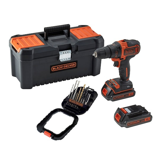 Taladro atornillador Black&Decker (BDCDD186BT-QW) de iones de litio de 18 V y 2 velocidades con 2 baterías + cargador rápido, 16 accesorios y caja de herramientas de 16"