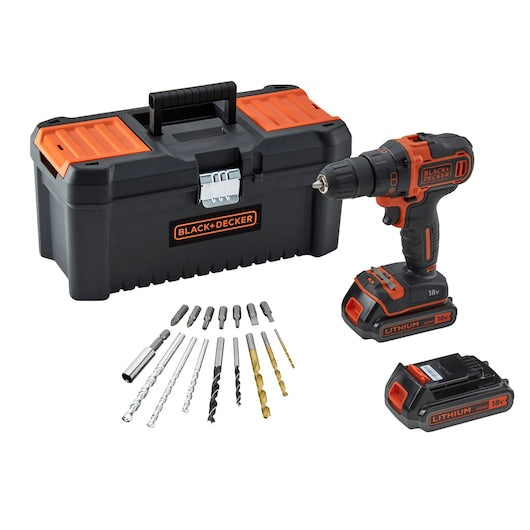 Taladro atornillador Black&Decker (BDCDD186BT-QW) de iones de litio de 18 V y 2 velocidades con 2 baterías + cargador rápido, 16 accesorios y caja de herramientas de 16"