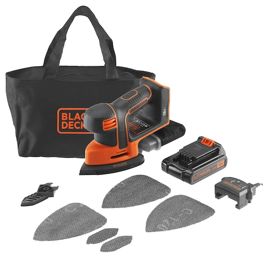 Lixadeira de detalhes sem fio Black&Decker (BDCDS18-QW) Mouse® de 18 V e 1,5 Ah com bateria de 1,5 Ah, carregador de 1 hora e 5 acessórios.