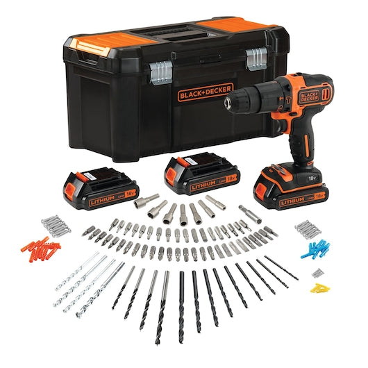 Berbequim de impacto sem fio Black&Decker (BDCHD181B3A-QW) de 18 V com 2 velocidades, 3 baterias, carregador rápido e 120 acessórios em estojo de armazenamento.