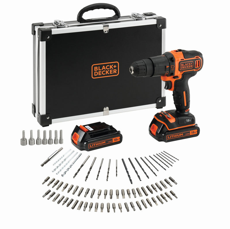 Black&Decker (BDCHD18BAFC-QW) 18V Cordless Hammer Drill With 2x 1.5Ah Batteries, Fast Charger and 80 Accessories in Storage Case