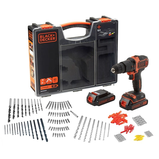 Black&Decker (BDCHD18BOA-QW) 18V 2 Gear Cordless Drill With Additional Battery and 160 Accessories in Storage Case