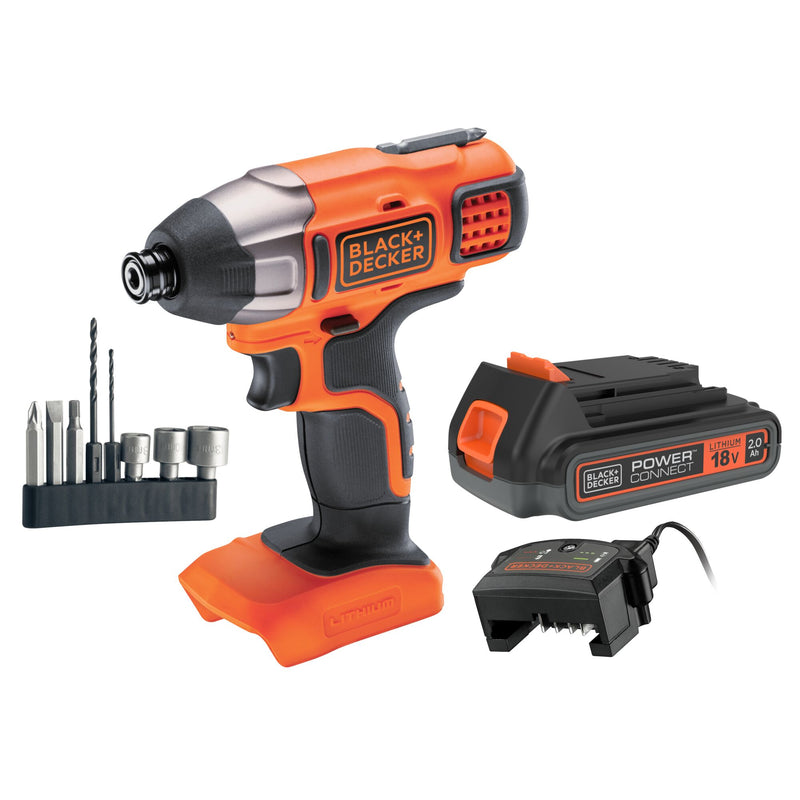 Atornillador de impacto Black&amp;Decker (BDCIM18D1A-QW) de 18 V con 1 batería de 2 Ah, cargador de 1 Ah y 8 accesorios.