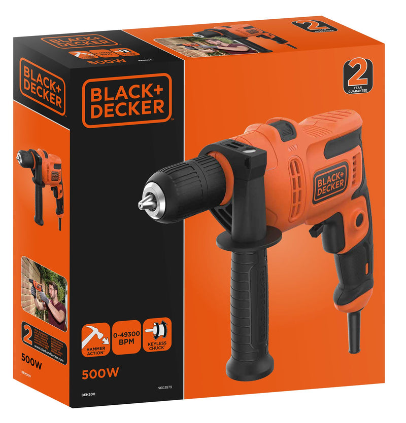 Taladro percutor Black&amp;Decker (BEH200-QS) de 500 W, portabrocas de 13 mm, 0-2900 rpm, 49300 ipm. Incluye empuñadura lateral.