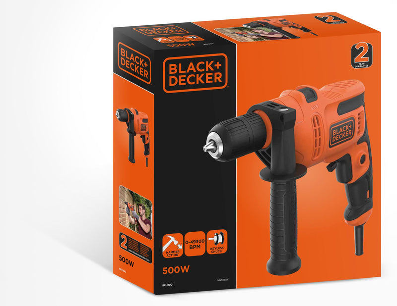 Taladro percutor Black&amp;Decker (BEH200-QS) de 500 W, portabrocas de 13 mm, 0-2900 rpm, 49300 ipm. Incluye empuñadura lateral.
