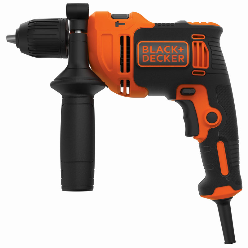 Berbequim de impacto Black&amp;Decker (BEH710K-QS) 710W 13mm, 2 brocas para alvenaria, 2 brocas para madeira, punho lateral e estojo.