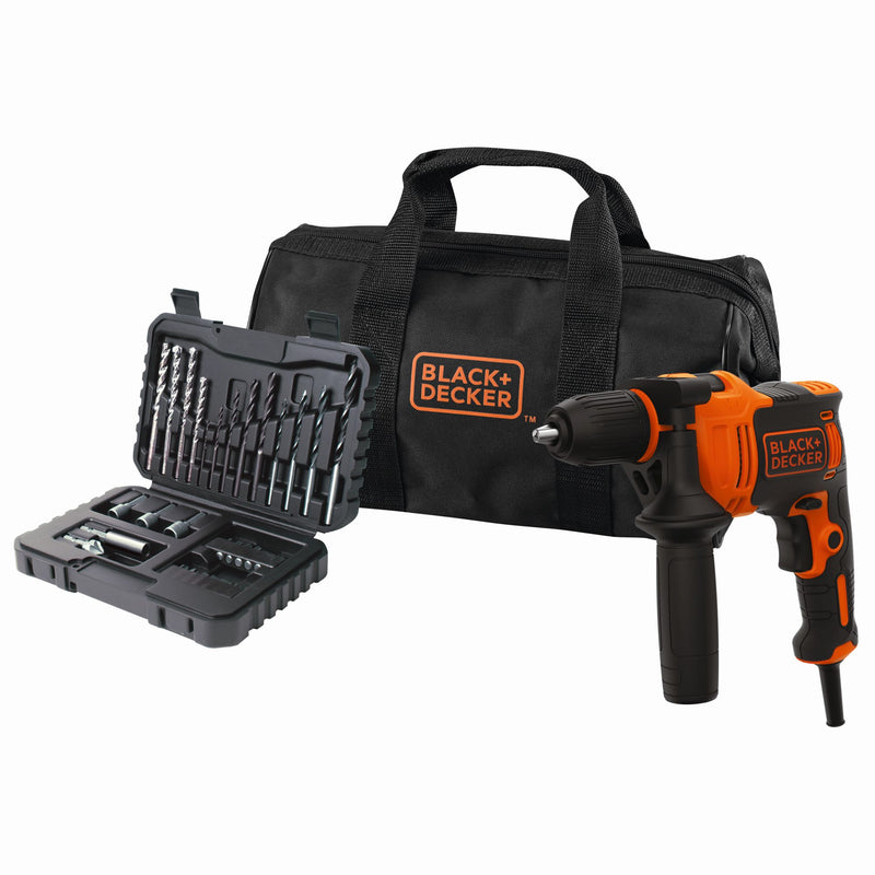 Kit Black&amp;Decker (BEH710SA32-QS): Berbequim de impacto de 710 W com conjunto de 32 acessórios, pega lateral e bolsa de transporte.
