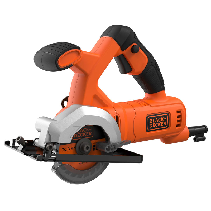 Black&Decker (BES510-QS) 400W 85mm Mini Circular Saw. Includes one 24T 8mm TCT blade, one 44T 85mm HSS blade, and a side guide.