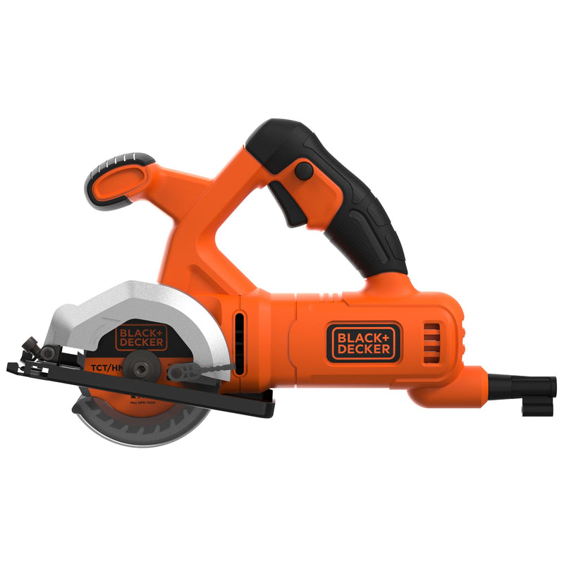 Black&Decker (BES510-QS) 400W 85mm Mini Circular Saw. Includes one 24T 8mm TCT blade, one 44T 85mm HSS blade, and a side guide.