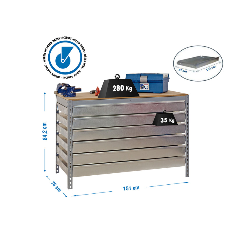 Workbench Simonwork Mobile BT5 Box6 1500 Galv/Wood - (917x1510x760)