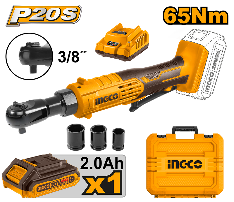 INGCO (CDRLI2060152) Llave de carraca inalámbrica de 20 V + 1 batería de 2,0 Ah.