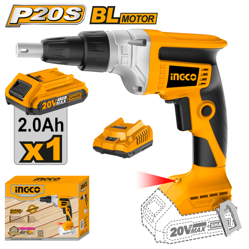 INGCO (CDSLI204200) Drywall Screwdriver 20V lithium 2 Batteries 2.0Ah