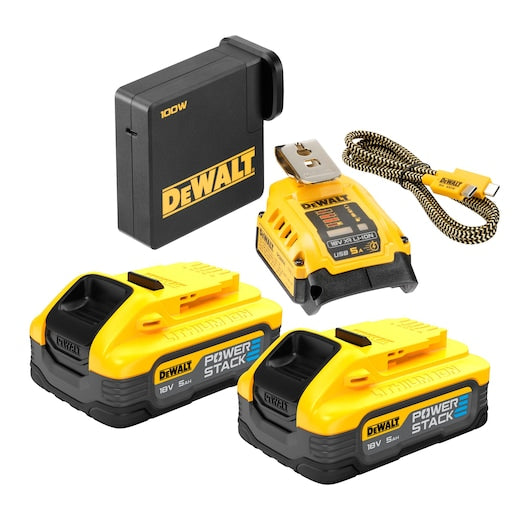 Kit de carga USB Dewalt (DCB094H2-QW) XR® de 18 V y XR FLEXVOLT® de 54 V, 5 Ah (cargador rápido y adaptador USB-C) - 2 x POWERSTACK de 5 Ah
