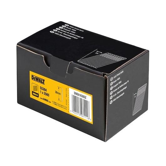Dewalt (DNBA1638SZ) Pregos de acabamento angulares de aço inoxidável de 38 mm x 1,60 mm e calibre 16 (pacote com 2500 unidades)
